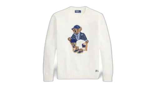 Polo Ralph Lauren Long-Sleeve Linen Cotton Novelty Newport Bear Crewneck Sweater Deckwash White