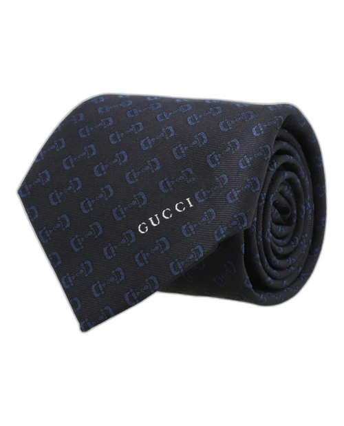 Gucci Horsebit Silk Jacquard Tie Navy Blue