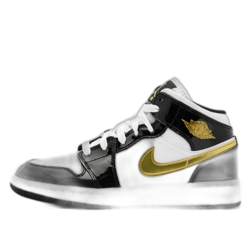 Jordan 1 Mid Patent Black White Gold (GS)