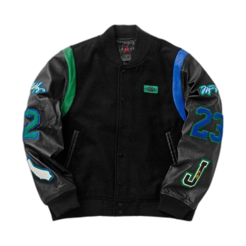 Jordan x Aleali May Varsity Jacket Black Game Royal Pine Green